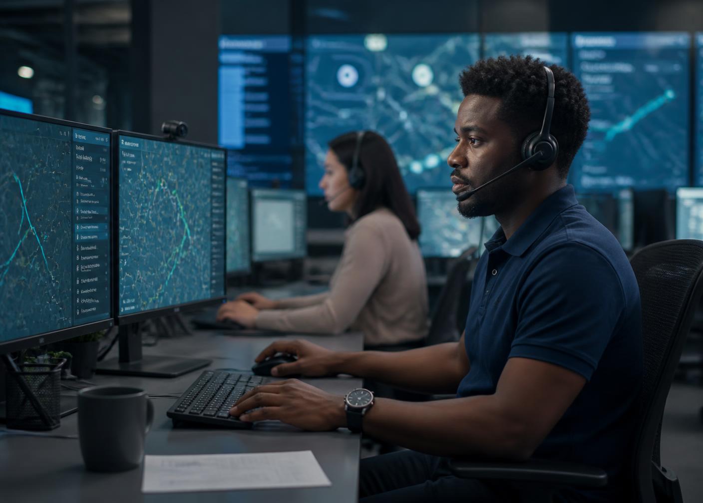 Dispatch team monitoring delivery routes on large planning screens