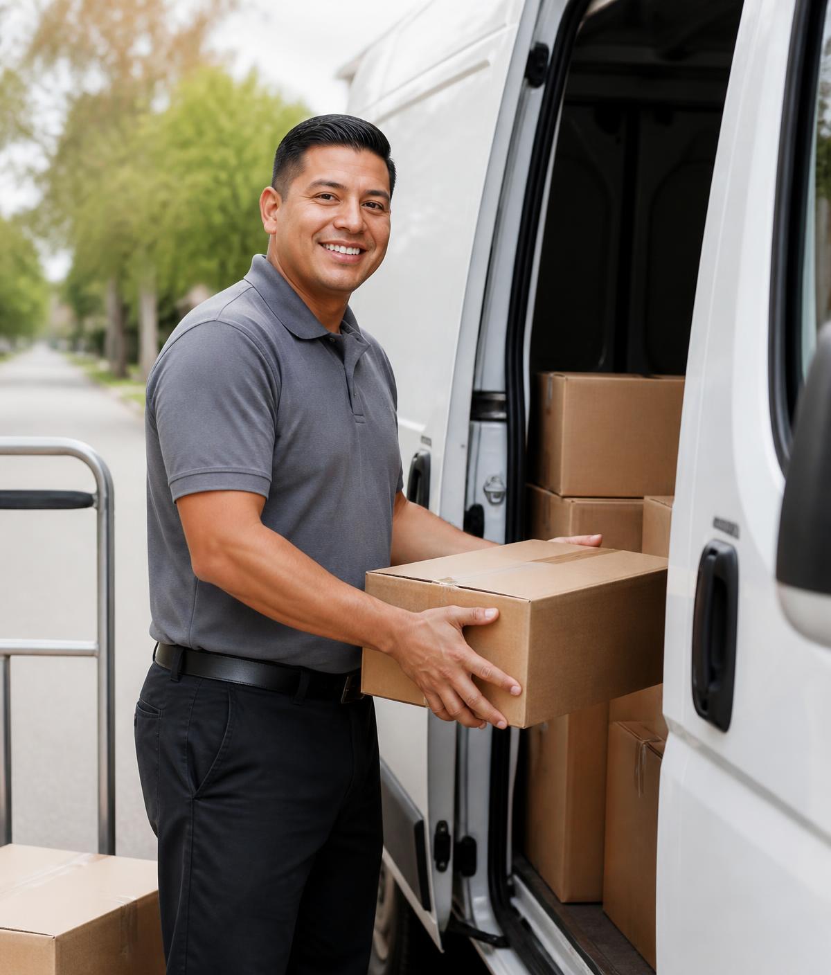 Professional delivery driver loading parcels into an unbranded cargo van